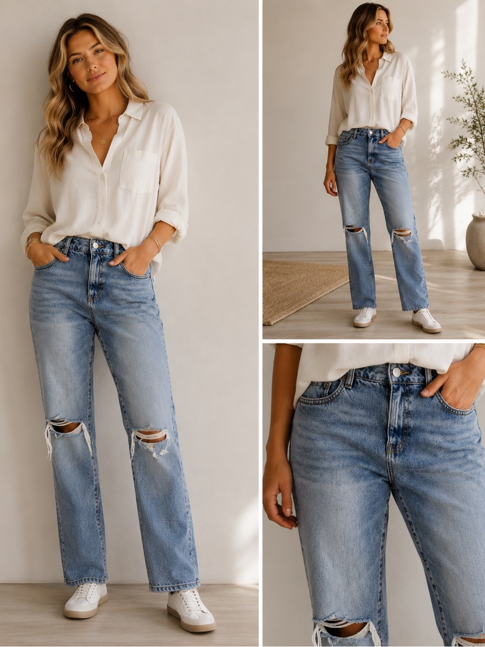 CAbi Light Blue Boyfriend Jeans with Knee Distress